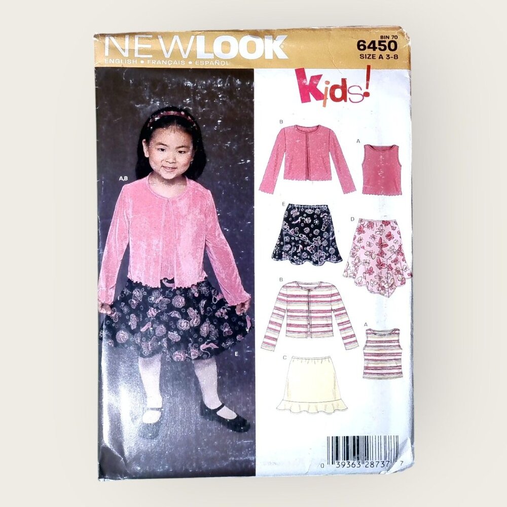 Vintage New Look Sewing Pattern 6450 Girls Top Cardigan Skirts Size 3-8 Uncut